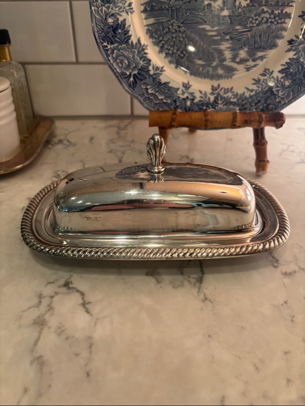 Vintage Silver-Plated Covered Butter Dish with Rope-Edge Detail